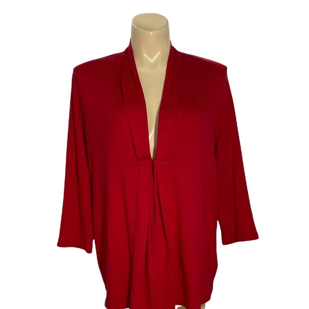 Rafaella‎ 2X Cardigan Top Red Pleated V-Neck 3/4 Sl Hook Eye Closure Cozy Casual